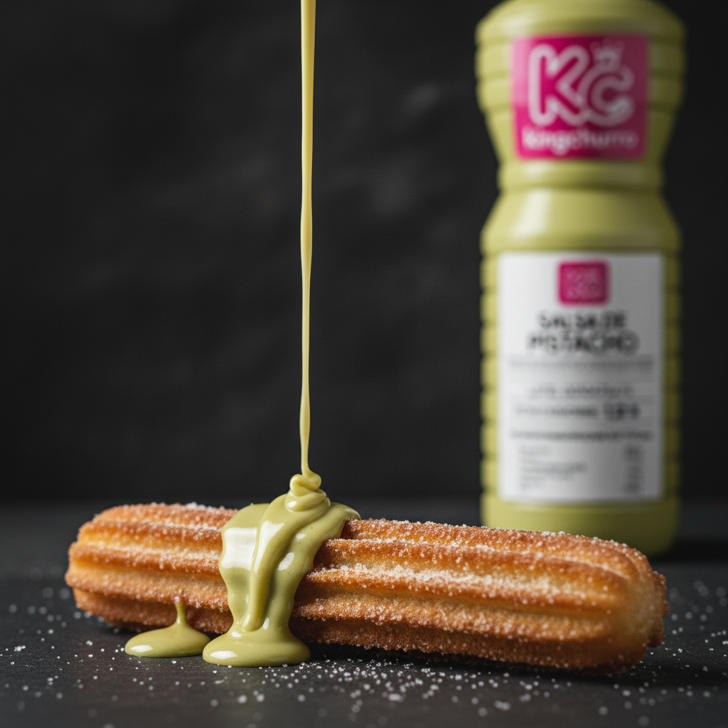 Sirope de Pistacho KingChurro cayendo sobre churro